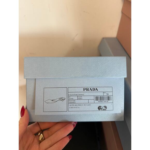 NWT Prada Slip-on Mules Black Patent Leather Square Toe Triangular Kitten Heels - Picture 3 of 8